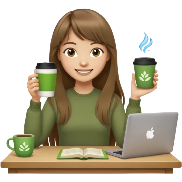 a designer with light skin long brown hair bangs waving, stack of books, coffee cup on top, water bottle, computer, matcha, no glasses emoji