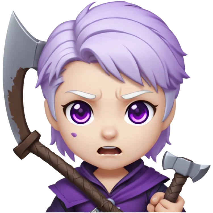 Chibi Sable Ward being hit on the head with a small axe, caught in the act look, white hair with purple streaks, fully purple eyes, dizzy expression emoji