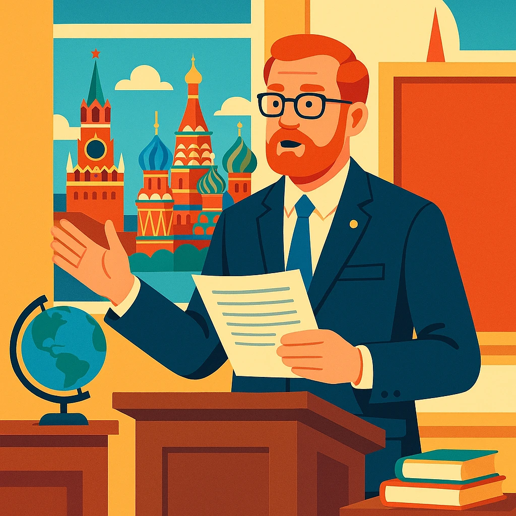 A college director delivering a lecture in a professional academic setting with documents in hand, a globe and books nearby, set in Moscow. emoji