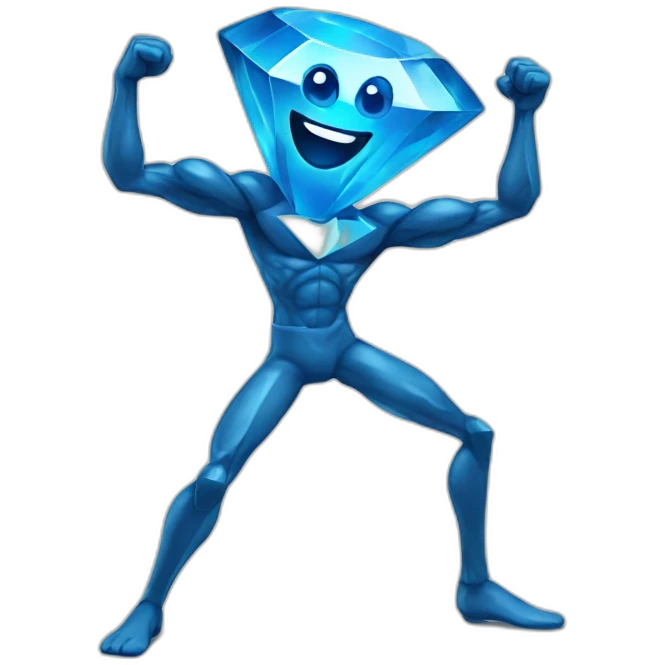 A blue diamond with a face, arms and legs doing something random and with a very happy face emoji