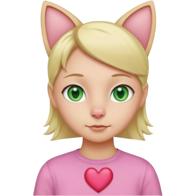 Squareded Ears Pink Skin Green Eyes Cat Shaped Pupils Heart Shaped Forehead Blonde Haired Pink Shirt  emoji