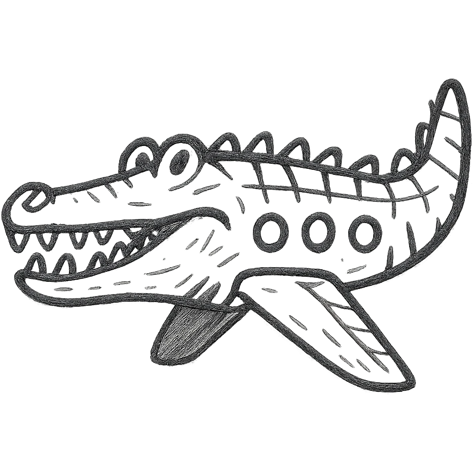 Make the war plane and crocodile fusion much more crocodile-like, emphasizing crocodile features such as the head, scales, teeth, and tail, while keeping the original hand-drawn sketch style. Maintain a transparent background. emoji