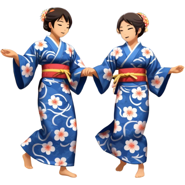 Cinematic Realistic scene of two performers engaging in Bon Odori, dressed in traditional yukata with intricate summer patterns, captured in graceful, rhythmic motion with warm, festive lighting emoji
