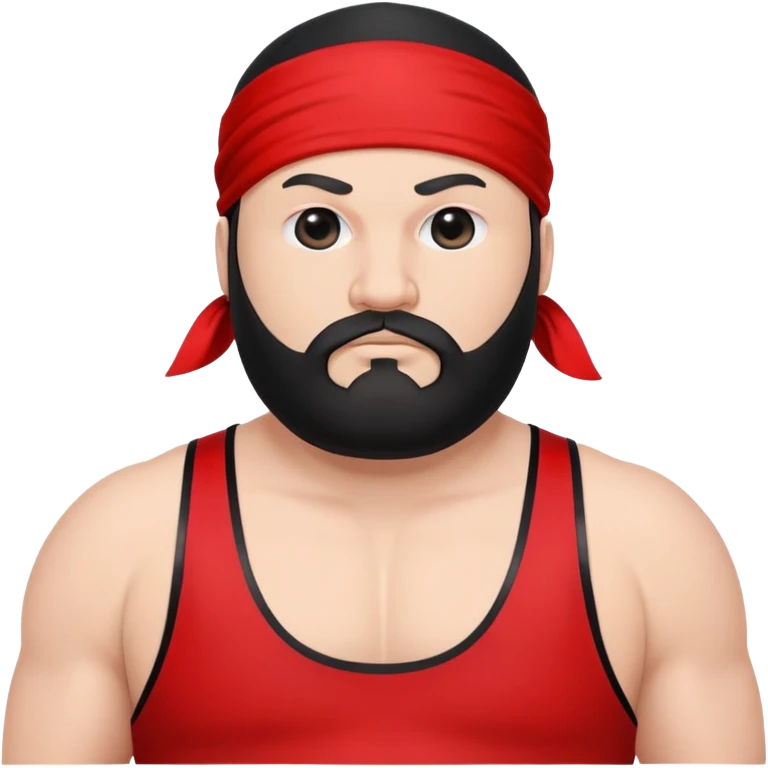 White skin fat guy with black durag, black beard, and black eyes in a red and black wrestling singlet emoji