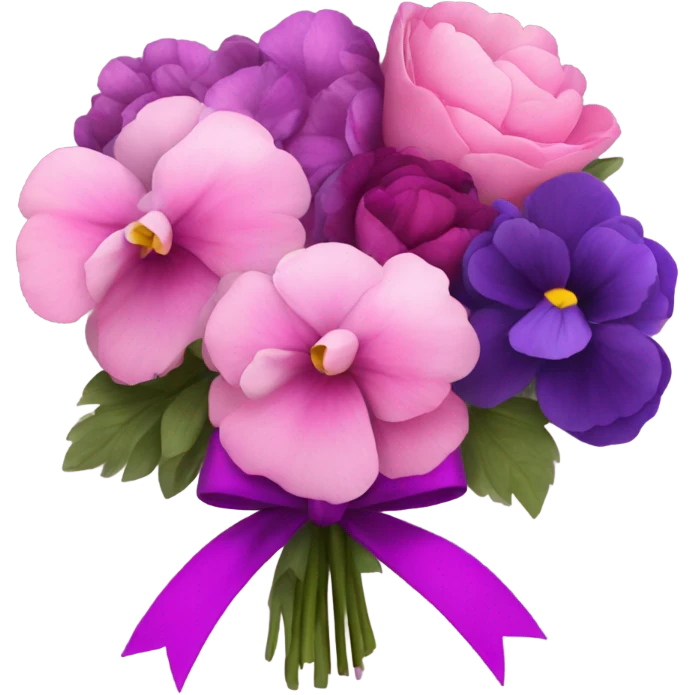 Bouquet composed of pink pansies, violet peonies tied with a dark pink ribbon and in the background purple butterflies emoji