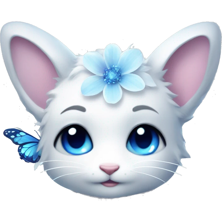 Edgy Cute Cool Kawaii gorgeous sparkly ethereal white fantasy animal with blue eyes sona with flowers and butterflies emoji