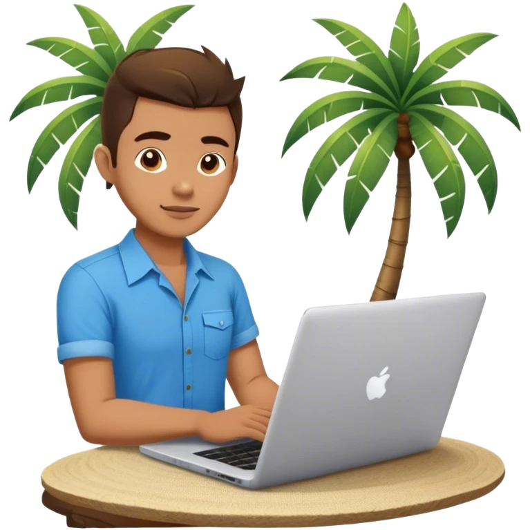A digital nomad in bali working on a laptop wearing a tropical blue shirt with a palm tree on the side emoji