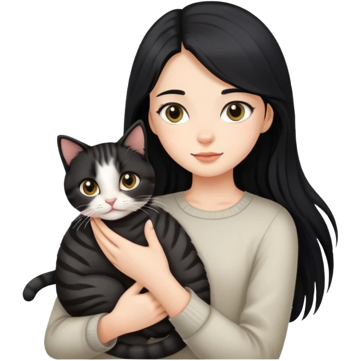 Long black hair girl holding a haired tabby cat emoji