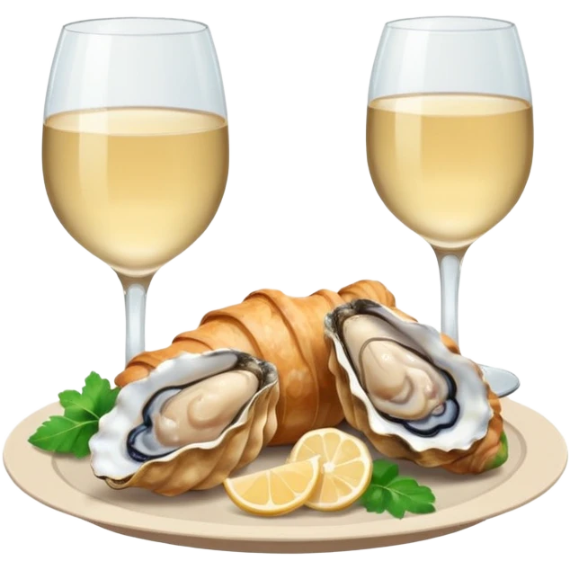 French cuisine humanless avatar in clean emoji-style illustration. Croissant, oysters and wine glass, soft beige tones, simple shapes, flat design, refined and cozy. emoji
