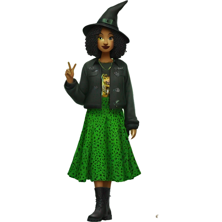 Green witch with panter print top on, panterprint skirt and panterprint fur boots emoji