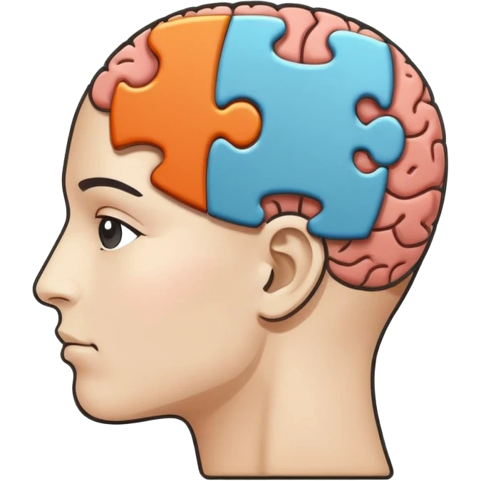 Minimalistic flat vector icon, iOS style, thin black contour on white background. Human head profile with a brain inside, split into puzzle pieces. No text, no shadows. emoji