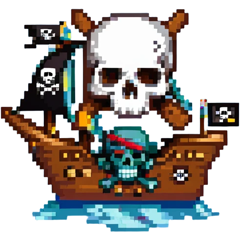A pirate ship sailing on the open sea, with a skull and crossbones flag flying high, and pirates wearing bandanas and eye patches emoji