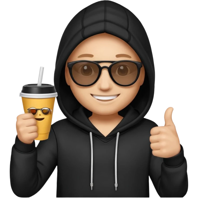 emoji di Gesù con felpa nera, sulla felpa in bianco scrivi "SKUIRTER" con occhiali da sole un pollice in su e in una mano un bicchiere di carta
 emoji