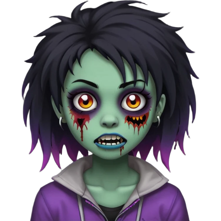 girl, zombie, black coily hair, medium long, emo, shaggy, dark, spooky, piercing on eyebrow, colourful teeth, creepy blank expression emoji