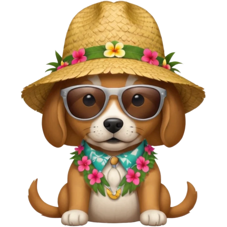 dog with sunglasses and straw hat, hawaii shirt emoji
