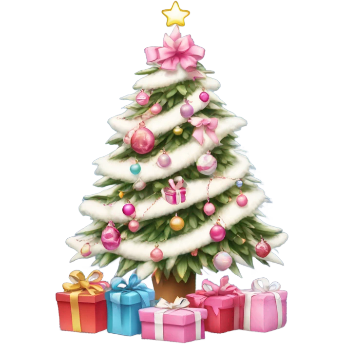 Christmas tree with pink and white decorations and lights with preppy gifts underneath  emoji