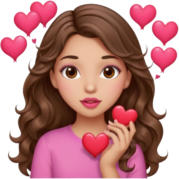 girl with long wavy brown hair, brown eyes, light to medium complexion, in a pink shirt, pink lips, long lashes, puckering up for a kiss, many  hearts in hand emoji