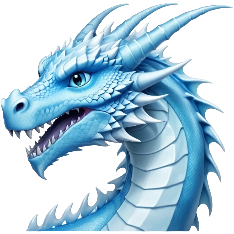 Cinematic wise elegant Ice Dragon Portrait Emoji, Poised and imposing, distinct long elegant snout, with a slender, scaled body shimmering in glacial hues of icy blue, frostbitten silver, and crystalline white, breathing out frost, with piercing, glowing ice blue white eyes that radiate the chilling depths of an arctic storm; rendered in detail. excuding wisdom emoji