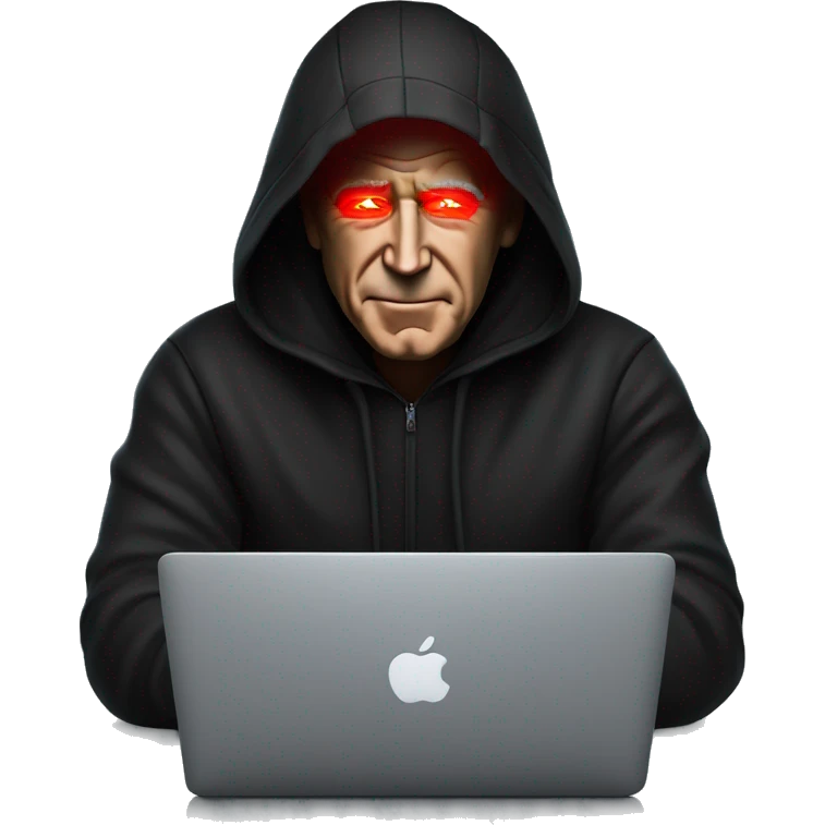 joe biden in a black hoodie with bright red glowing laser eyes typing on a macbook, joe biden, black hoodie, bright red glowing eyes, typing on macbook emoji