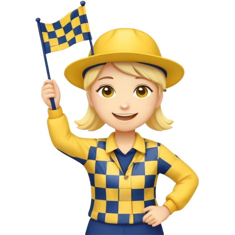 I want a yellow circle emoji holding a yellow and navy blue checkered flag in both hands, wearing a yellow and navy blue hat, dancing, and smiling. emoji