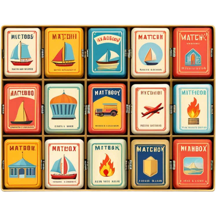 Icon for Matchbox Collecting: a collection of vintage and colorful matchboxes from different places, neatly displayed in a row or in a display case. The icon should reflect the uniqueness and diversity of matchbox collecting. Transparent background. emoji