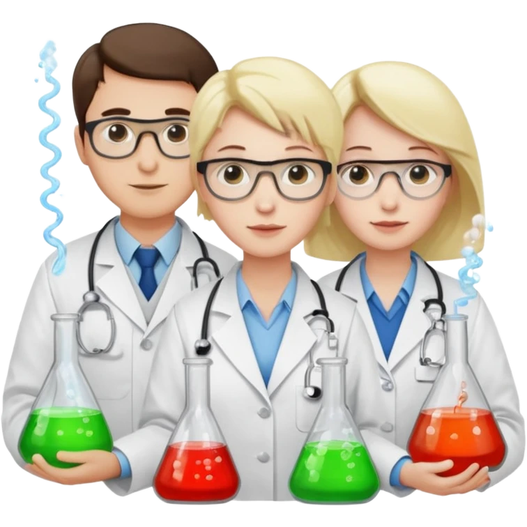 The team of three scientists is waist-deep, surrounded by chemical flasks and books emoji