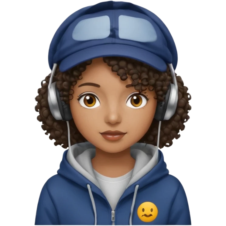 curly haired with headphones in and hoddie  black girl with cap emoji