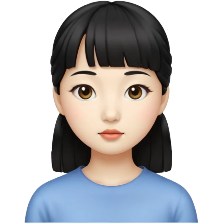 Clean Korean illustration-style emoji portrait of a young Korean woman, front-facing.
Smooth porcelain skin, soft shading, large round eyes, calm neutral expression.
Straight black bangs, black hair tied back, small nose and lips.
Round oval face, soft jawline.

 emoji