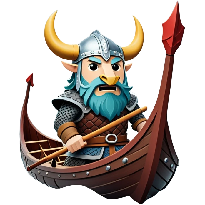 clash-of-clans-aesthetic_-cinematic-viking-longboat, rendered in a flat, bold vector style with minimal shading, featuring a striking dragon-headed prow slicing through icy, churning waters. shields on the side and vikings rowing The longboat’s intricately detailed shields and carved motifs evoke a sense of epic adventure and Nordic might, with billowing sails catching a dramatic, stormy sky backdrop. emoji