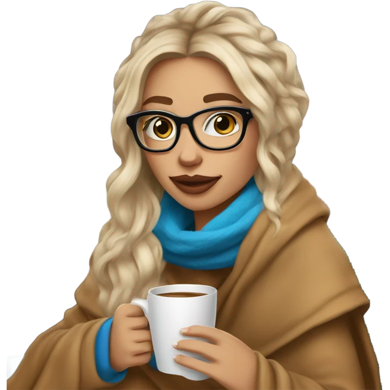 Balayage hair Girl drinking coffee, with a cozy blanket wearing glasses with blue eyes beautiful  emoji