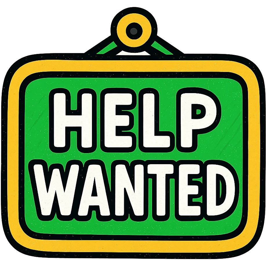 help wanted sign in green, white, and gold color scheme, modern style, rounded corners, simple design emoji