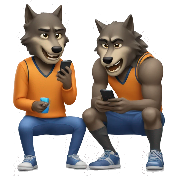 Two human like wolves looking at their phones celebrating basketball emoji