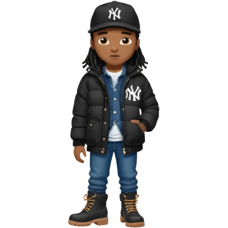 African American boy with short black dreadlocks wearing a black New York Yankees logo baseball cap wearing a black bubble winter coat wearing denim skinny jeans and timberland boots emoji