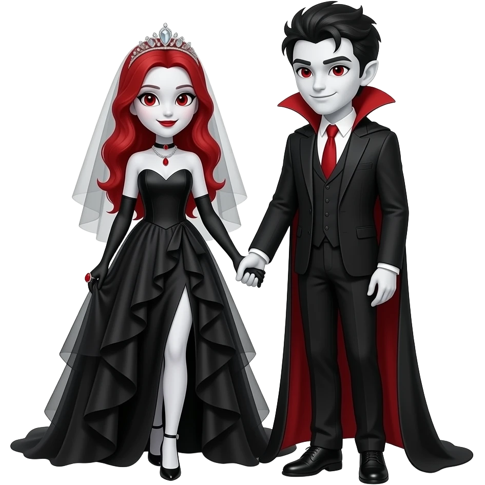 Vampiro femmina ADOLESCENTE con pelle bianca e capelli rossi indossa un vestito da sposa nera e una tiara di diamanti e l'anello rosso, e i tacchi e si dirige verso  il suo fidanzato mano nella mano VAMPIRO con la pelle bianca e i capelli neri e si baciano emoji