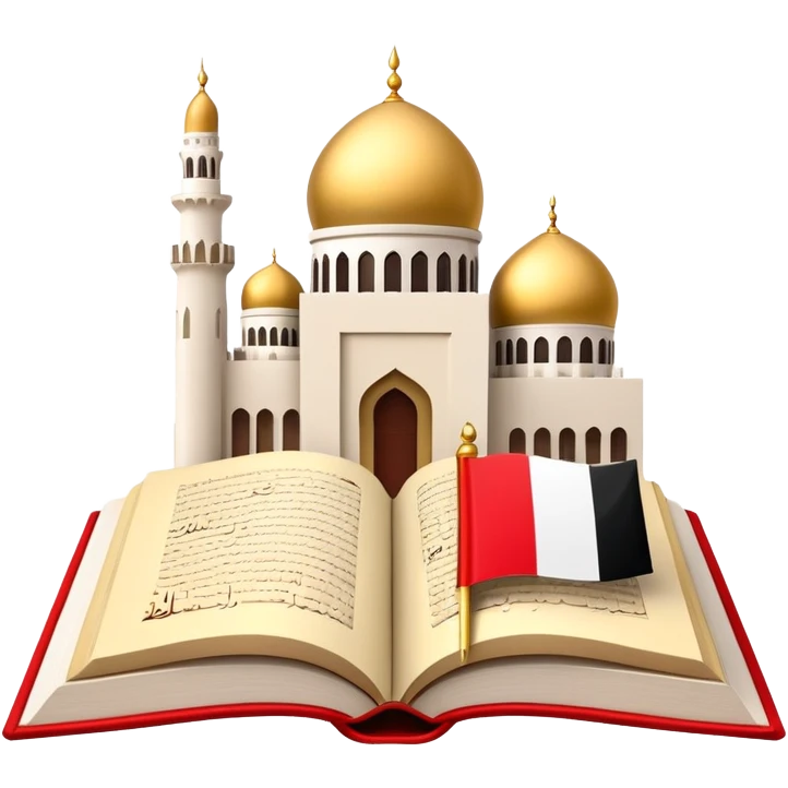 An icon featuring the mosque and the flag of United Arab Emirates, symbolizing the Arabic language. The design includes an open book with Arabic script and calligraphy, representing language learning and cultural heritage. Transparent background emoji