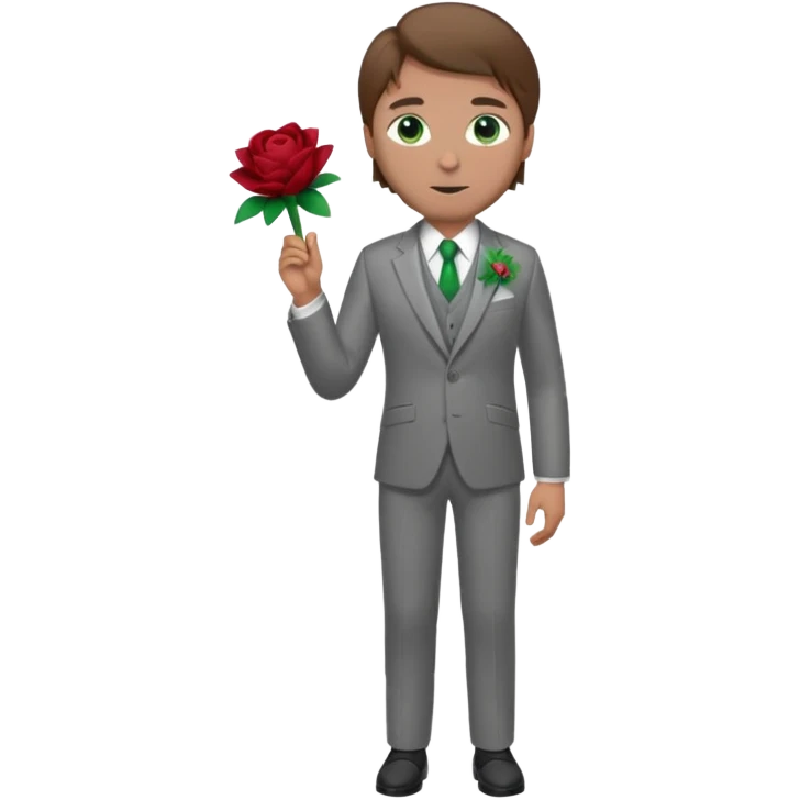 Chico blanco, pelo castaño, ojos verdes, traje boda gris y flor solapa , cuerpo entero emoji