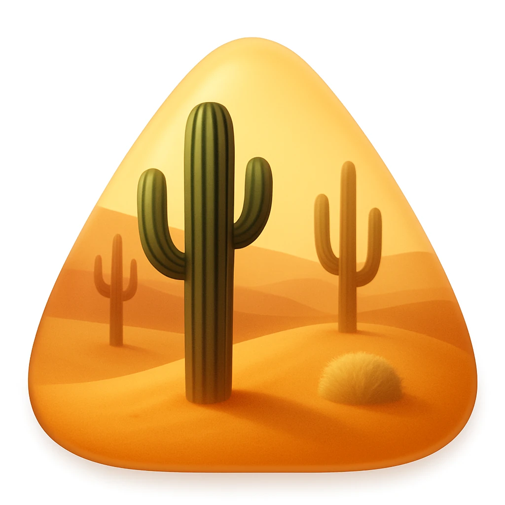 Create a desert emoji in the style of iOS emojis. The shape should be a sand mountain instead of a square, keeping the same cacti, sand, and colors. The sand mountain should be smooth and shiny with a subtle highlight added. emoji