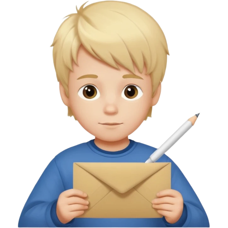 маленький мальчик со светлыми волосами переписывает желания на новый год на письмо emoji