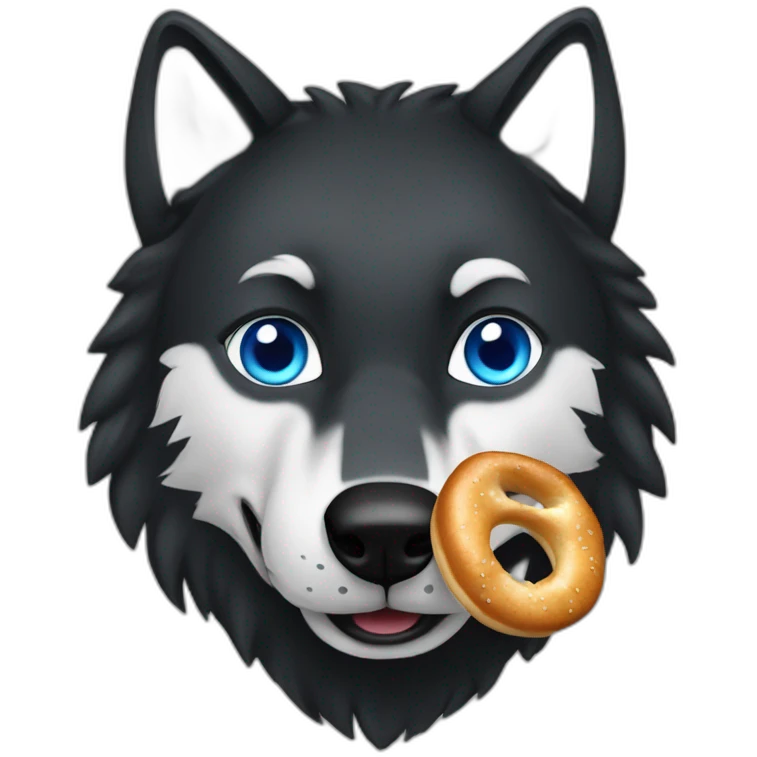 a black wolf with blue eyes eats a bretzel emoji