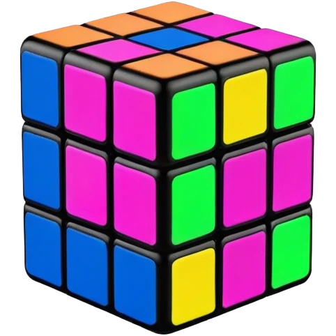 A 3x3 Rubik's Cube with fluorescent colors: glowing green, radiant pink, brilliant blue, luminous yellow, vivid orange, intense purple, minimalist iOS emoji style emoji