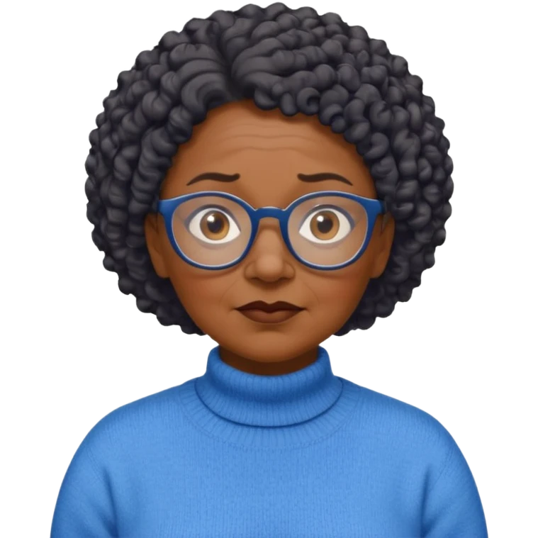 Old black woman, solemn, wearing glasses and blue sweater, short curly hair emoji