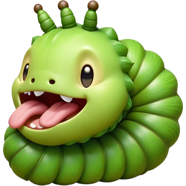 Cinematic Realistic Cute Yawning Caterpillar Portrait Emoji, Head tilted slightly with a dramatic, wide-open yawn, showcasing a soft, downy segmented body in vivid green with subtle drooping and half-closed, drowsy eyes, rendered with intricate natural texture and gentle shadows, high shine, relaxed yet expressive, styled with a dash of woodland charm, soft glowing outline, capturing the essence of a sleepy yet affectionate caterpillar that appears ready to stretch out and rest among the leaves! emoji