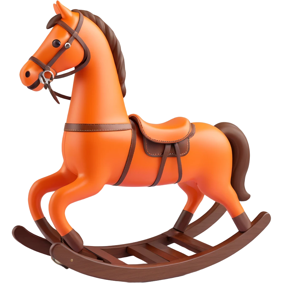 rocking horse, 3D, dark walnut wood, vintage style, Hermès orange leather trim, no text emoji