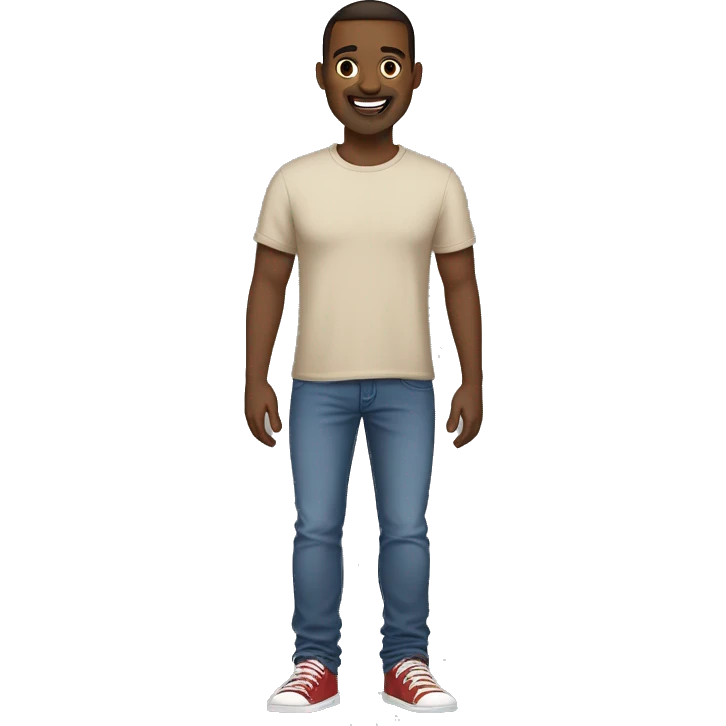 A full-length guy with a European skin type, with blue eyes and dark brown hair, short hair, dressed in an oversized beige T-shirt, with a smile on his face and dark jeans on his feet, red sneakers emoji