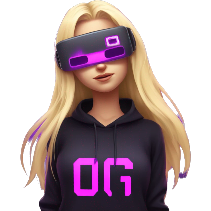 Russian cute blond student girl wearing black hoody with violet letters "OMG", in vr headset. No eyes. Cyberpunk style. Violet neon. emoji