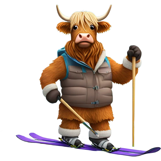 A highland cow skiing emoji
