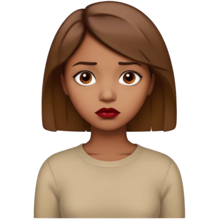 a brown girl with short light brown hair wearing a beige full sleeve and looking sad. dark red lip emoji
