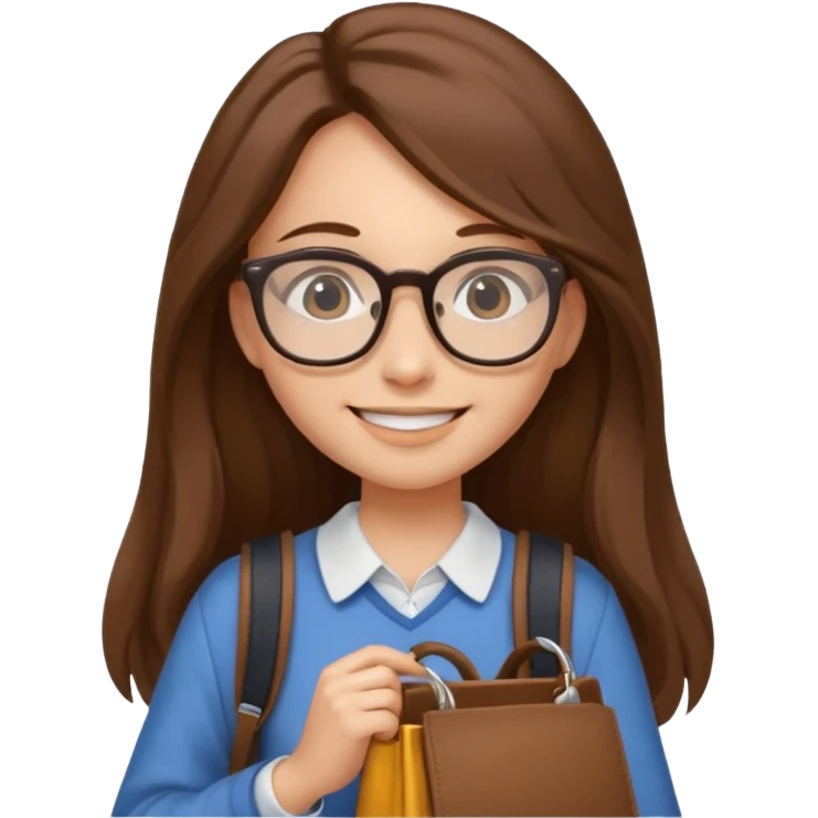 brown long hair woman, going to university wearing a glass, looks pretty no backpack just cure bag  emoji