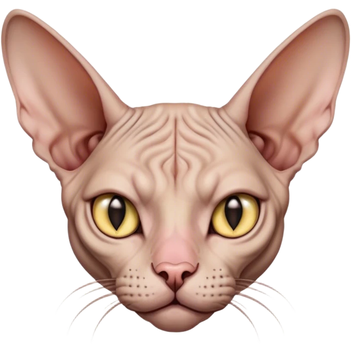 Cinematic Grumpy Sphynx Cat Portrait Emoji, Head tilted slightly with a deeply unimpressed expression, smooth, wrinkled skin with pronounced facial folds giving a permanent look of disapproval, large ears standing tall, piercing eyes narrowed into an unamused glare, Simplified yet comically expressive features, highly detailed, glowing with a dry, sarcastic glow, high shine, effortlessly judgmental yet dignified, stylized with a touch of cynicism, bright but brooding, soft glowing outline, capturing the essence of an eternally unimpressed yet endearing feline, so lifelike it feels like it could sigh heavily at you in disdain at any moment! emoji