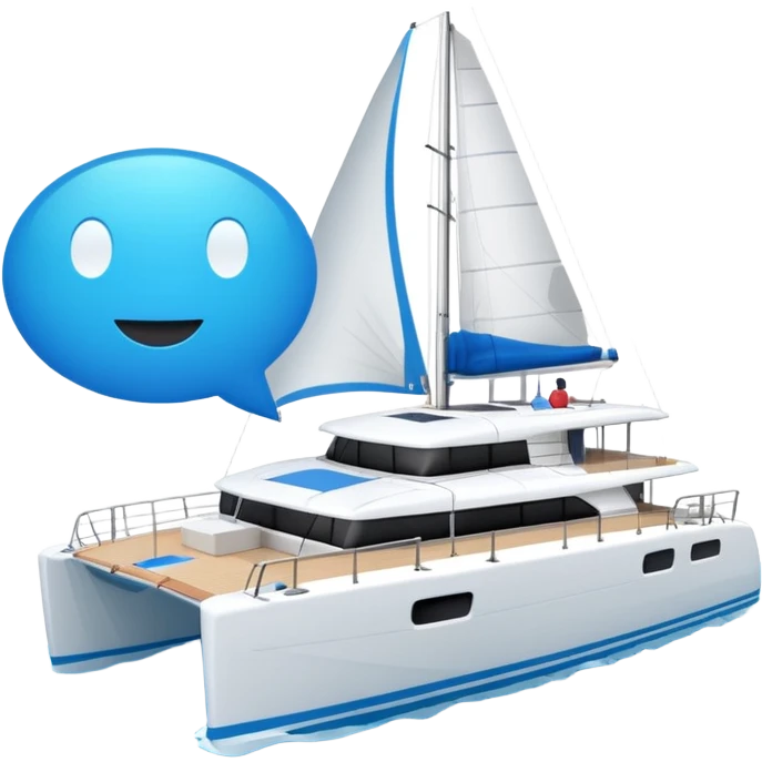 a lagoon 42 catamaran with no wording on the boat and an i message chat bubble icon coming out the top of the boat  emoji